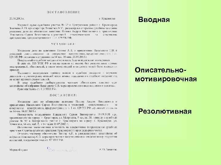 Вводная Описательномотивировочная Резолютивная 
