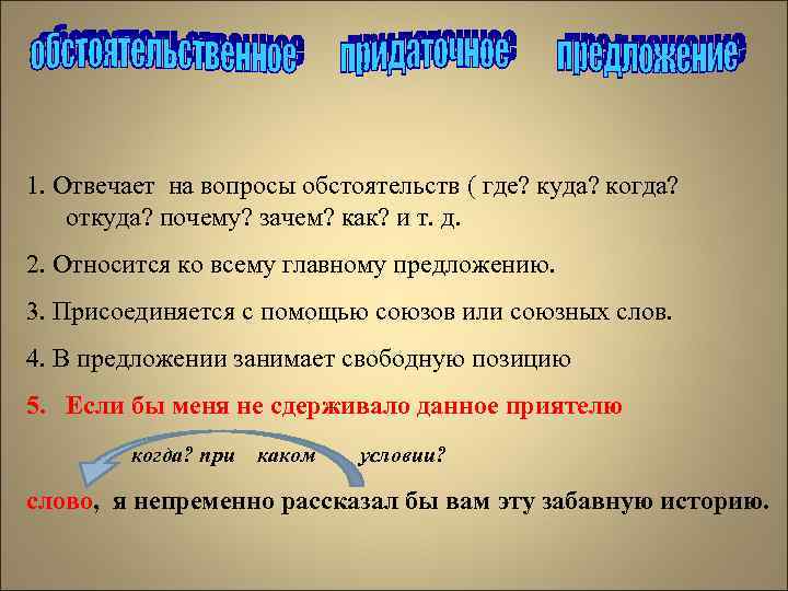 1. Отвечает на вопросы обстоятельств ( где? куда? когда? откуда? почему? зачем? как? и