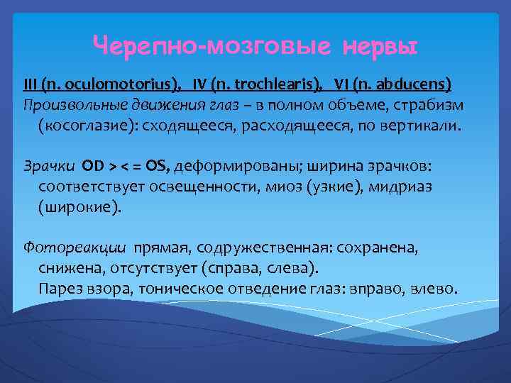 Черепно-мозговые нервы III (n. oculomotorius), IV (n. trochlearis), VI (n. abducens) Произвольные движения глаз