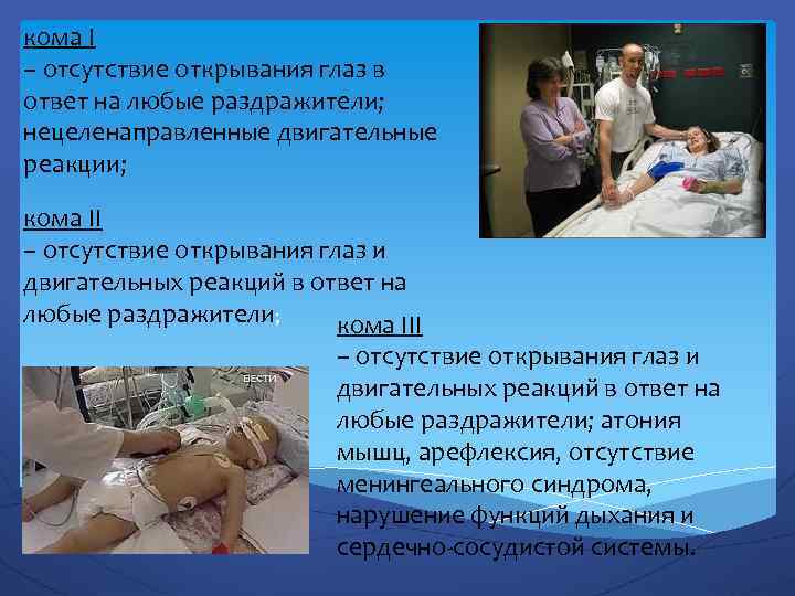 кома I – отсутствие открывания глаз в ответ на любые раздражители; нецеленаправленные двигательные реакции;