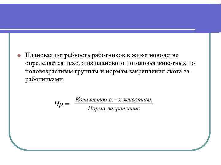 l Плановая потребность работников в животноводстве определяется исходя из планового поголовья животных по половозрастным