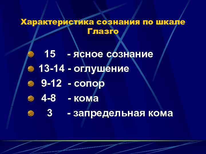 Характеристика сознания по шкале Глазго 15 - ясное сознание 13 -14 - оглушение 9