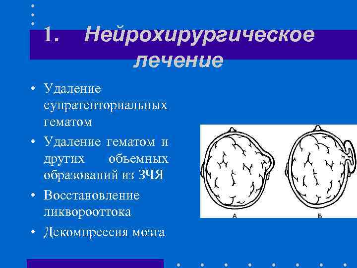 1. Нейрохирургическое лечение • Удаление супратенториальных гематом • Удаление гематом и других объемных образований