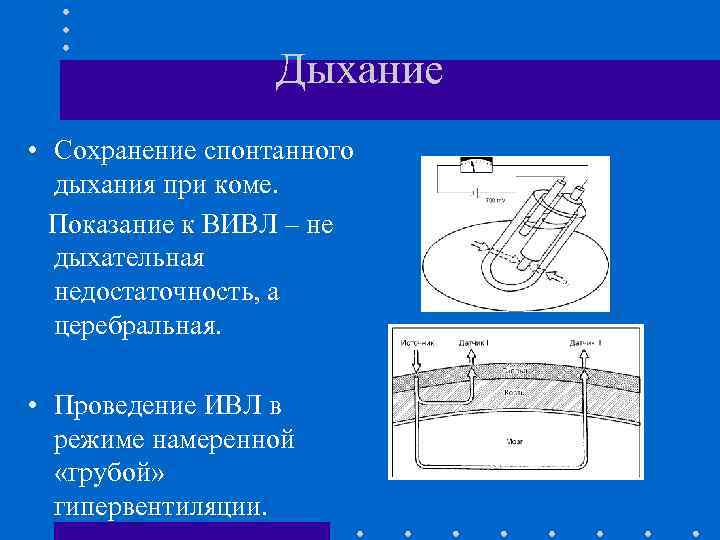Дыхание • Сохранение спонтанного дыхания при коме. Показание к ВИВЛ – не дыхательная недостаточность,