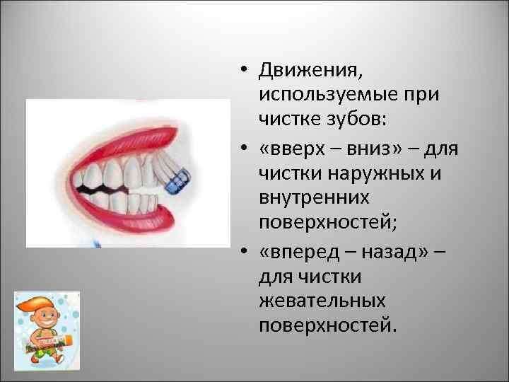  • Движения, используемые при чистке зубов: • «вверх – вниз» – для чистки