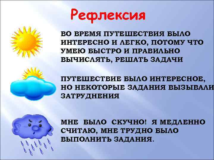 Рефлексия ВО ВРЕМЯ ПУТЕШЕСТВИЯ БЫЛО ИНТЕРЕСНО И ЛЕГКО, ПОТОМУ ЧТО УМЕЮ БЫСТРО И ПРАВИЛЬНО