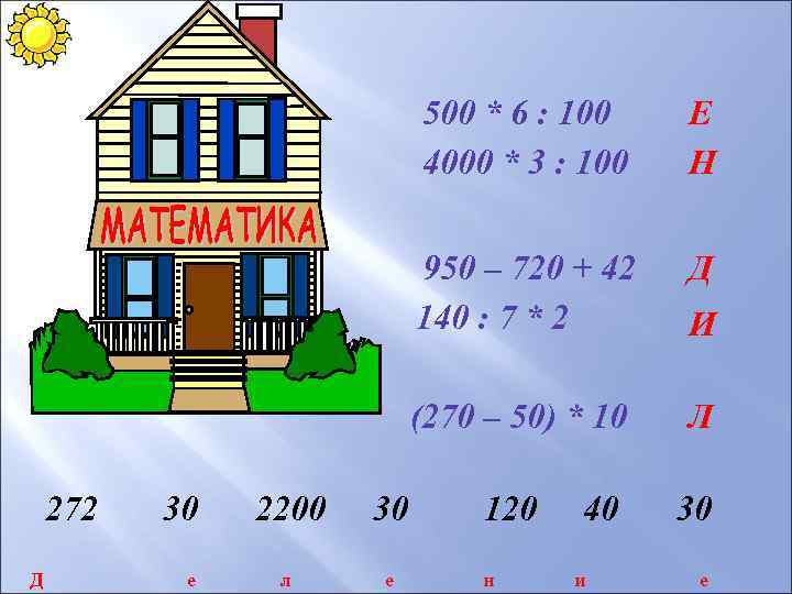 500 * 6 : 100 4000 * 3 : 100 950 – 720 +