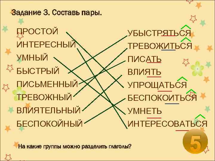 Задание 3. Составь пары. ПРОСТОЙ УБЫСТРЯТЬСЯ ИНТЕРЕСНЫЙ ТРЕВОЖИТЬСЯ УМНЫЙ ПИСАТЬ БЫСТРЫЙ ВЛИЯТЬ ПИСЬМЕННЫЙ УПРОЩАТЬСЯ