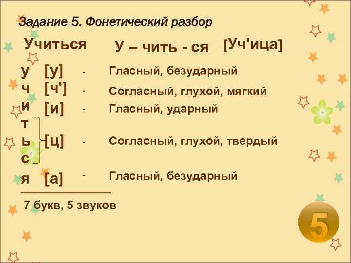 Задание 5. Фонетический разбор Учиться у ч и т ь с я [у] [ч']