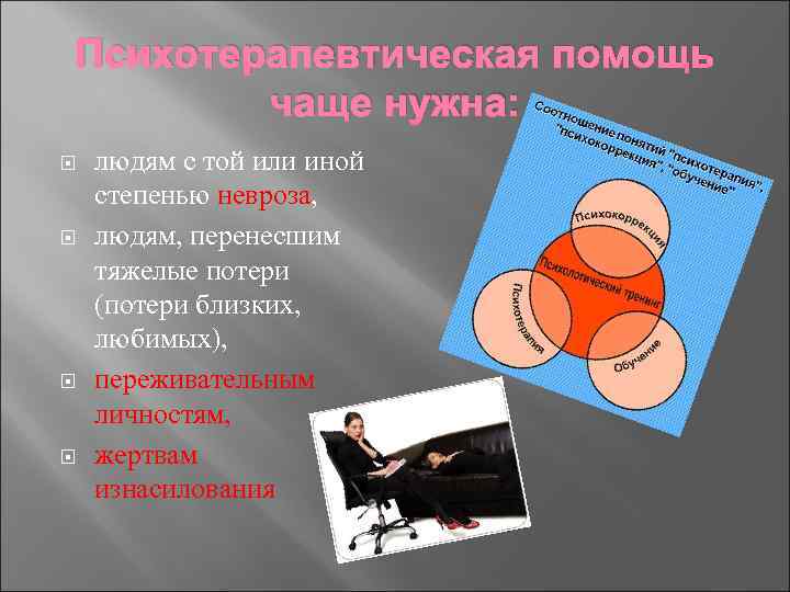 Психотерапевтическая помощь чаще нужна: людям с той или иной степенью невроза, людям, перенесшим тяжелые