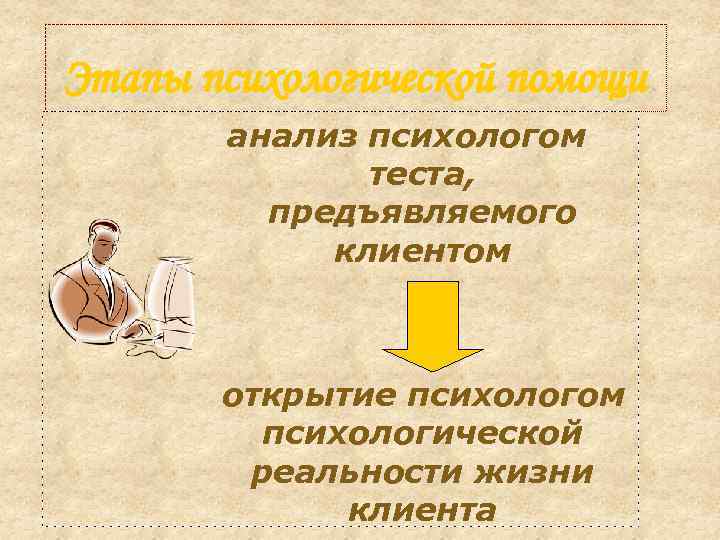 Этапы психологической помощи анализ психологом теста, предъявляемого клиентом открытие психологом психологической реальности жизни клиента