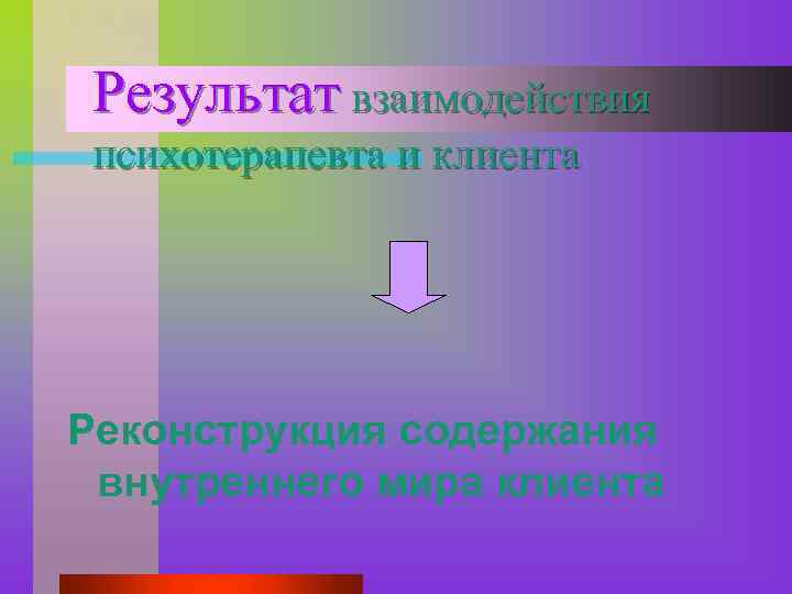 Результат взаимодействия психотерапевта и клиента Реконструкция содержания внутреннего мира клиента 