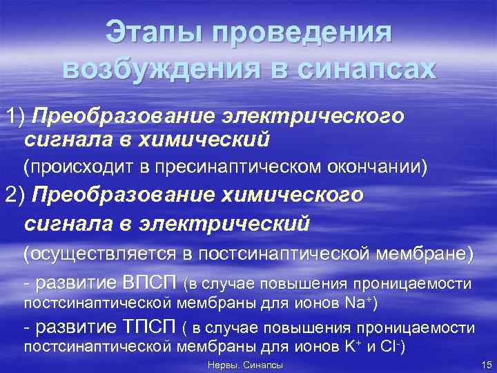 Этапы проведения возбуждения в синапсах 1) Преобразование электрического сигнала в химический (происходит в пресинаптическом