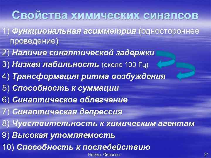 Свойства химических синапсов 1) Функциональная асимметрия (одностороннее проведение) 2) Наличие синаптической задержки 3) Низкая