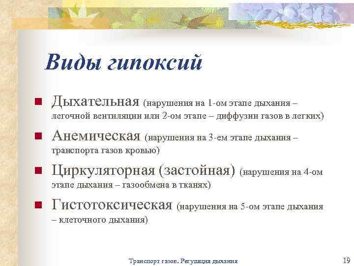 Виды гипоксий n Дыхательная (нарушения на 1 -ом этапе дыхания – легочной вентиляции или