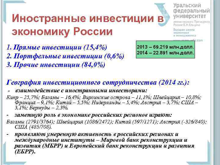 Иностранные инвестиции в экономику России 1. Прямые инвестиции (15, 4%) 2. Портфельные инвестиции (0,