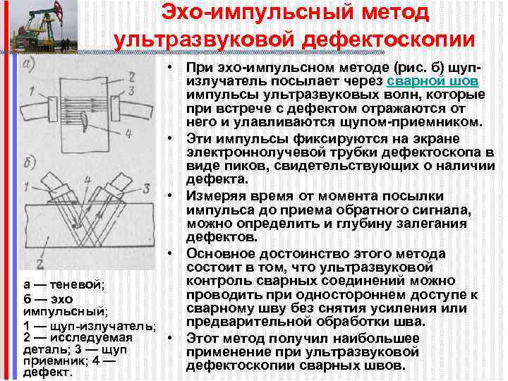 Эхо-импульсный метод ультразвуковой дефектоскопии • При эхо-импульсном методе (рис. б) щупизлучатель посылает через сварной