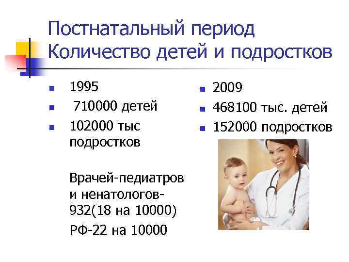 Постнатальный период Количество детей и подростков n n n 1995 710000 детей 102000 тыс