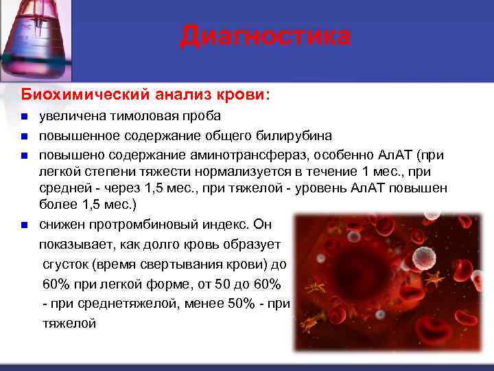 Диагностика Биохимический анализ крови: n n увеличена тимоловая проба повышенное содержание общего билирубина повышено