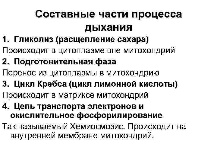 Составные части процесса дыхания 1. Гликолиз (расщепление сахара) Происходит в цитоплазме вне митохондрий 2.