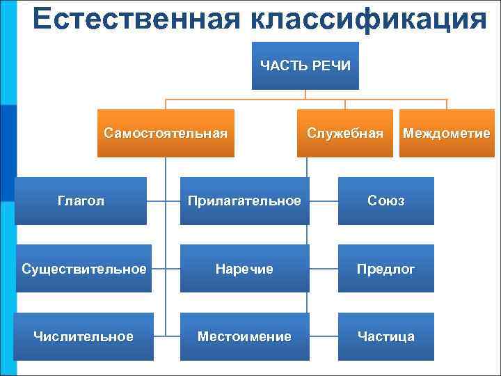 Естественная классификация ЧАСТЬ РЕЧИ Самостоятельная Служебная Междометие Глагол Прилагательное Союз Существительное Наречие Предлог Числительное