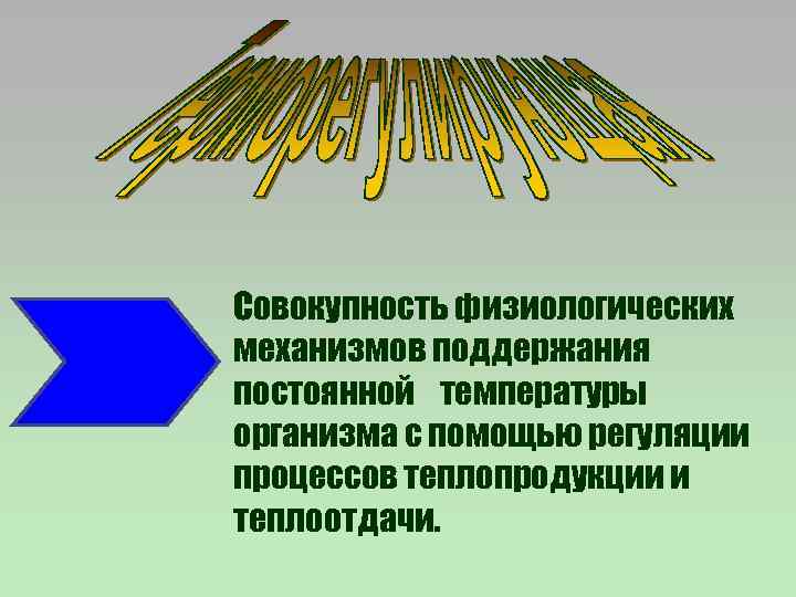Совокупность физиологических механизмов поддержания постоянной температуры организма с помощью регуляции процессов теплопродукции и теплоотдачи.