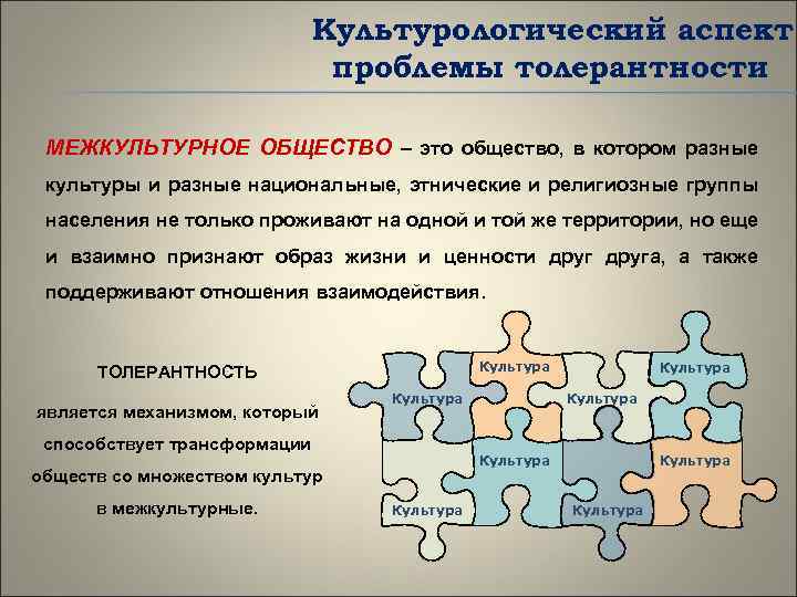 Культурологический аспект проблемы толерантности МЕЖКУЛЬТУРНОЕ ОБЩЕСТВО – это общество, в котором разные культуры и