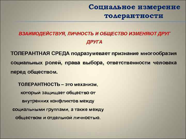 Социальное измерение толерантности ВЗАИМОДЕЙСТВУЯ, ЛИЧНОСТЬ И ОБЩЕСТВО ИЗМЕНЯЮТ ДРУГА ТОЛЕРАНТНАЯ СРЕДА подразумевает признание многообразия