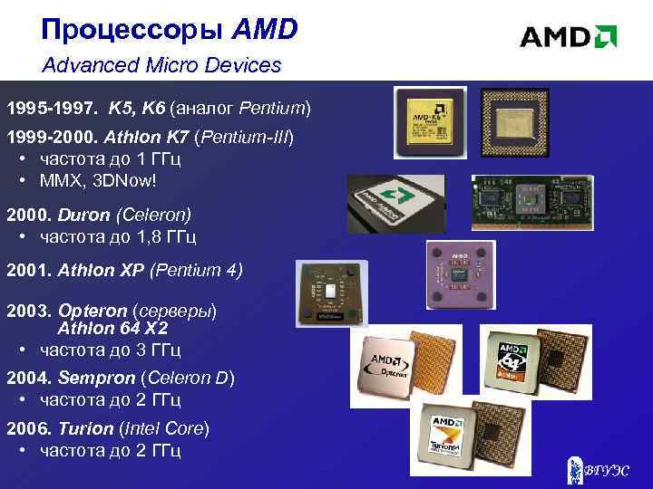 Процессоры AMD Advanced Micro Devices 1995 -1997. K 5, K 6 (аналог Pentium) 1999