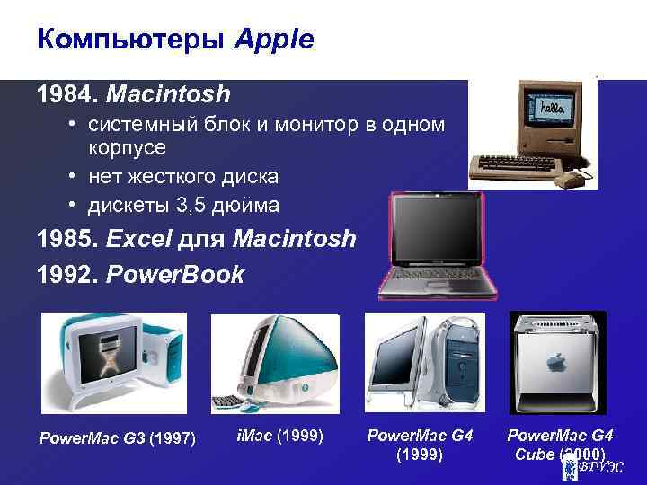 Компьютеры Apple 1984. Macintosh • системный блок и монитор в одном корпусе • нет