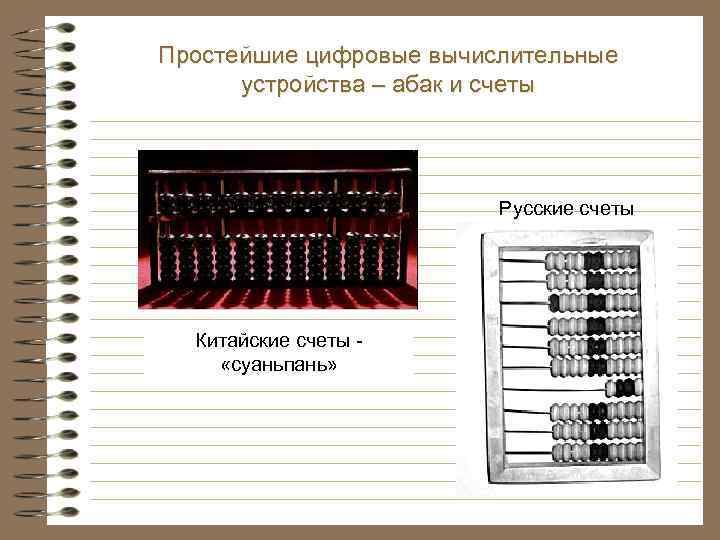 Простейшие цифровые вычислительные устройства – абак и счеты Русские счеты Китайские счеты «суаньпань» 