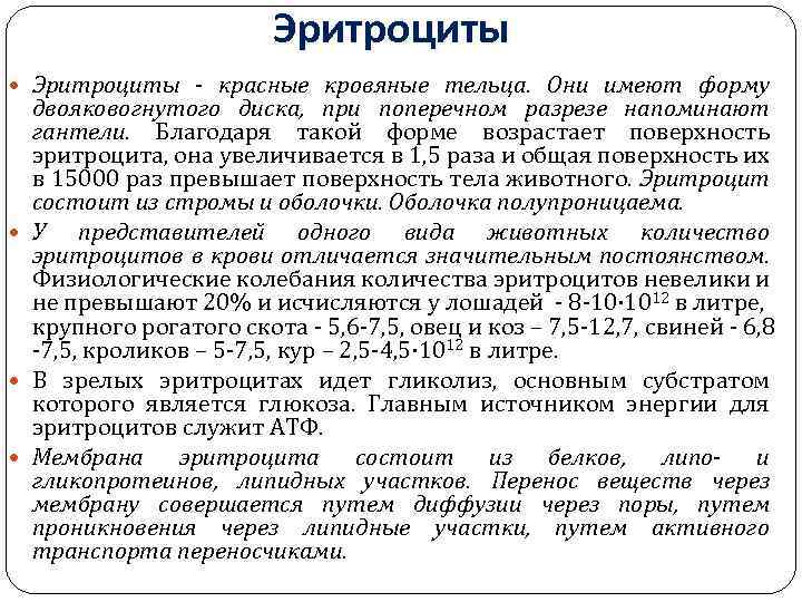 Эритроциты красные кровяные тельца. Они имеют форму двояковогнутого диска, при поперечном разрезе напоминают гантели.