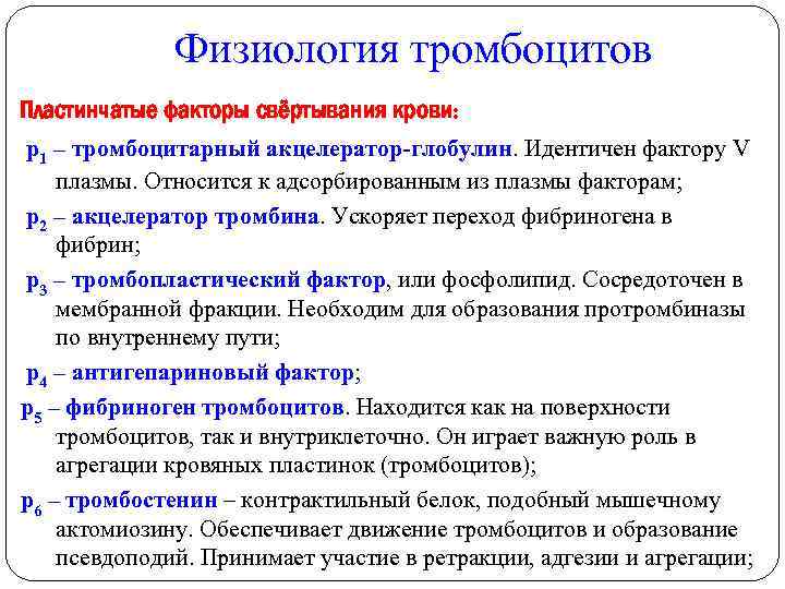 Физиология тромбоцитов Пластинчатые факторы свёртывания крови: p 1 – тромбоцитарный акцелератор-глобулин. Идентичен фактору V