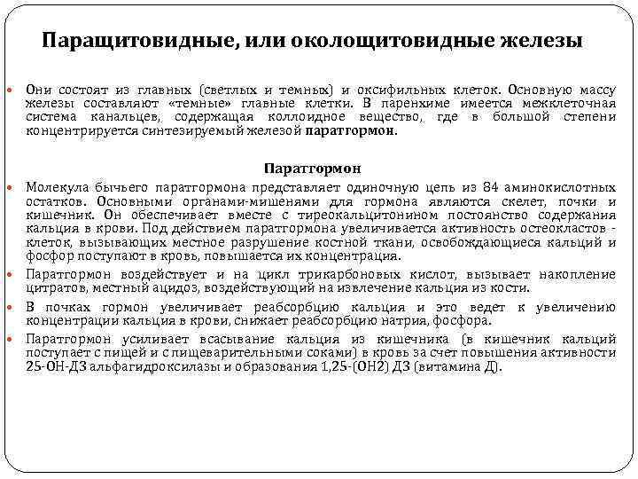 Паращитовидные, или околощитовидные железы Они состоят из главных (светлых и темных) и оксифильных клеток.