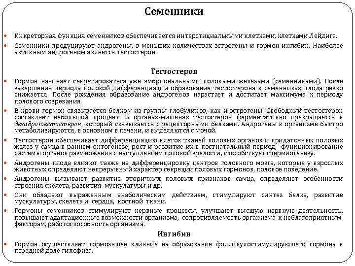 Семенники Инкреторная функция семенников обеспечивается интерстициальиыми клетками, клетками Лейдига. Семенники продуцируют андрогены, в меньших