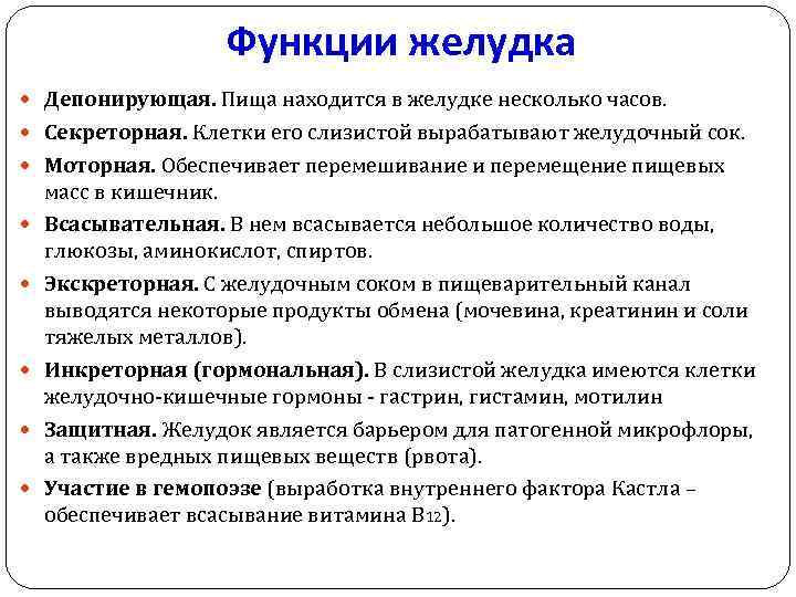 Функции желудка Депонирующая. Пища находится в желудке несколько часов. Секреторная. Клетки его слизистой вырабатывают
