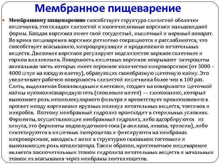 Мембранное пищеварение Мембранному пищеварению способствует структура слизистой оболочки кишечника, это складки слизистой и многочисленные