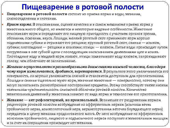 Пищеварение в ротовой полости состоит из приема корма и воды, жевания, слюноотделения и глотания.