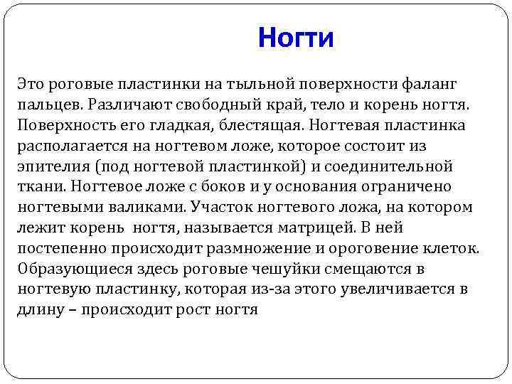 Ногти Это роговые пластинки на тыльной поверхности фаланг пальцев. Различают свободный край, тело и