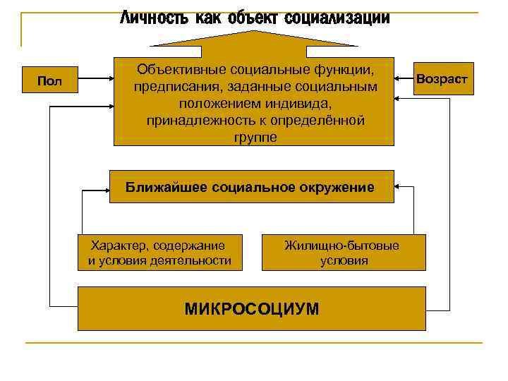 Личность как объект социализации Пол Объективные социальные функции, предписания, заданные социальным положением индивида, принадлежность