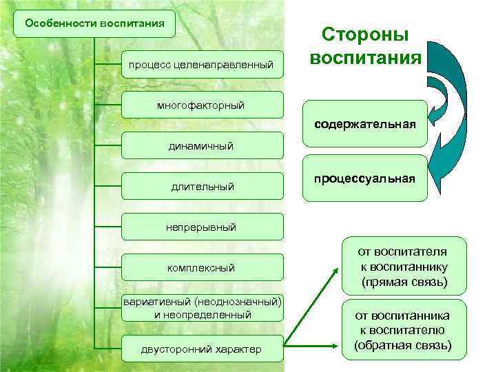 Особенности воспитания процесс целенаправленный Стороны воспитания многофакторный содержательная динамичный длительный процессуальная непрерывный комплексный вариативный