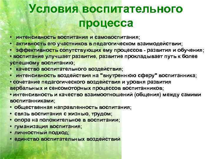 Условия воспитательного процесса • интенсивность воспитания и самовоспитания; • активность его участников в педагогическом