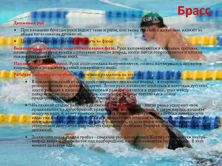 Брасс Движение рук При плавании брассом руки задают темп и ритм, они тесно связаны