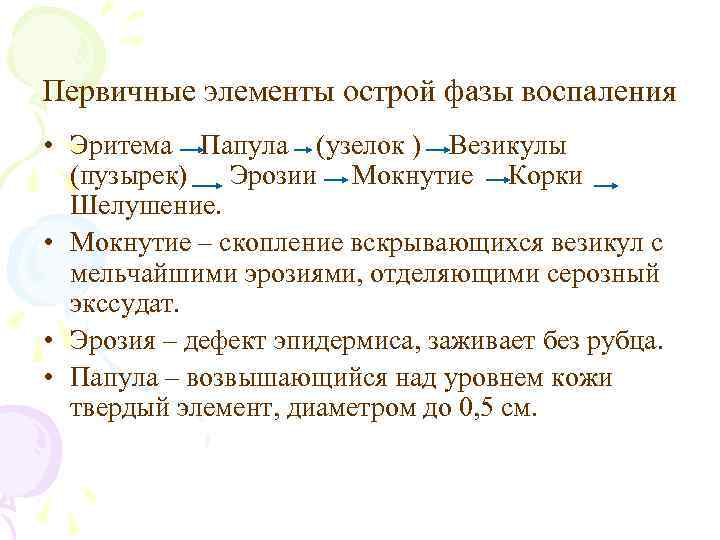 Первичные элементы острой фазы воспаления • Эритема Папула (узелок ) Везикулы (пузырек) Эрозии Мокнутие