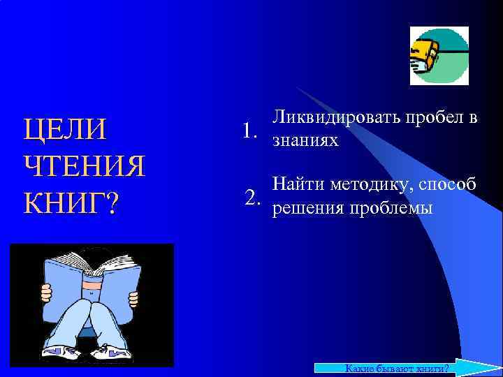 ЦЕЛИ ЧТЕНИЯ КНИГ? Ликвидировать пробел в 1. знаниях Найти методику, способ 2. решения проблемы