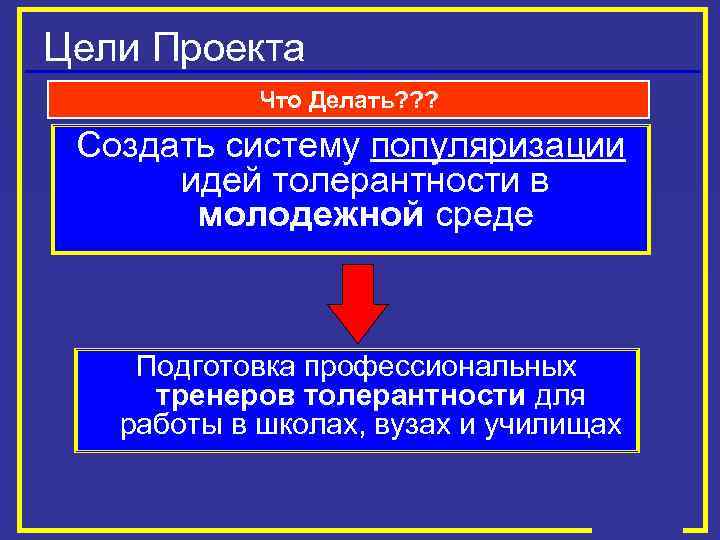 Цели Проекта Что Делать? ? ? Создать систему популяризации идей толерантности в молодежной среде
