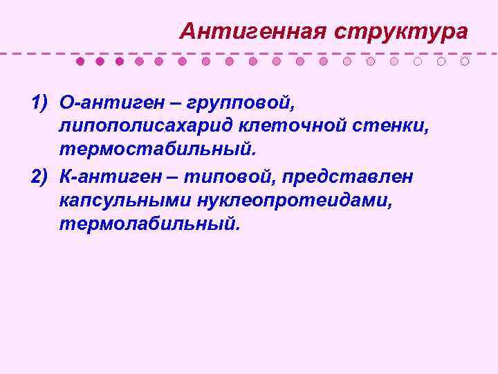  Антигенная структура 1) О-антиген – групповой, липополисахарид клеточной стенки, термостабильный. 2) К-антиген –