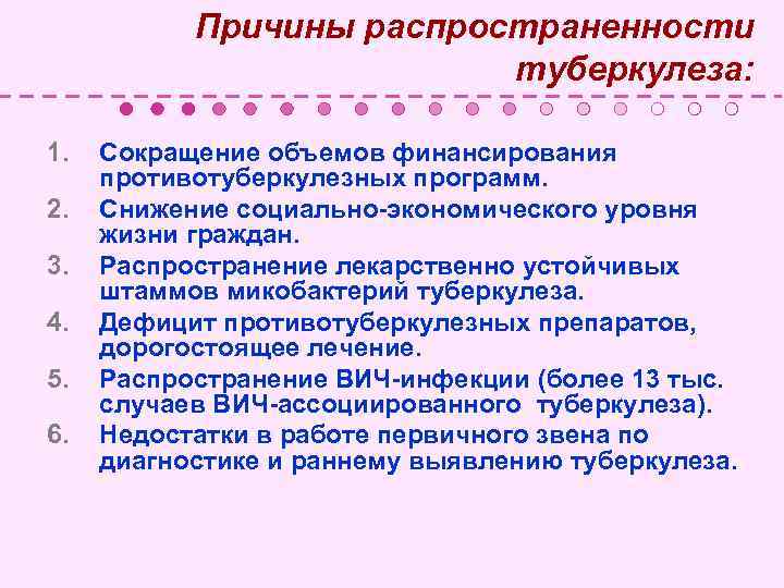  Причины распространенности туберкулеза: 1. Сокращение объемов финансирования противотуберкулезных программ. 2. Снижение социально-экономического уровня