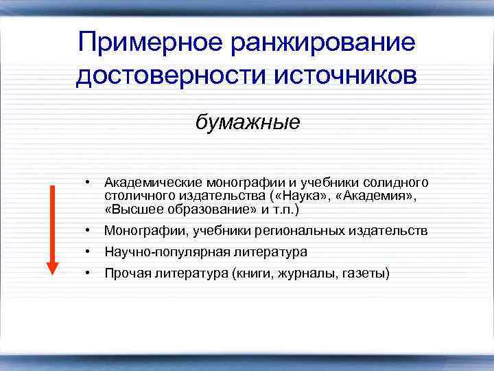 Примерное ранжирование достоверности источников бумажные • Академические монографии и учебники солидного столичного издательства (
