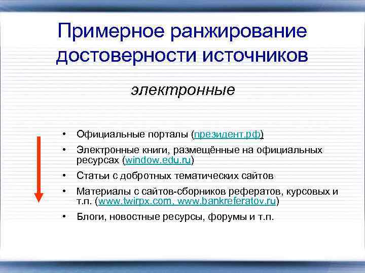 Примерное ранжирование достоверности источников электронные • Официальные порталы (президент. рф) • Электронные книги, размещённые